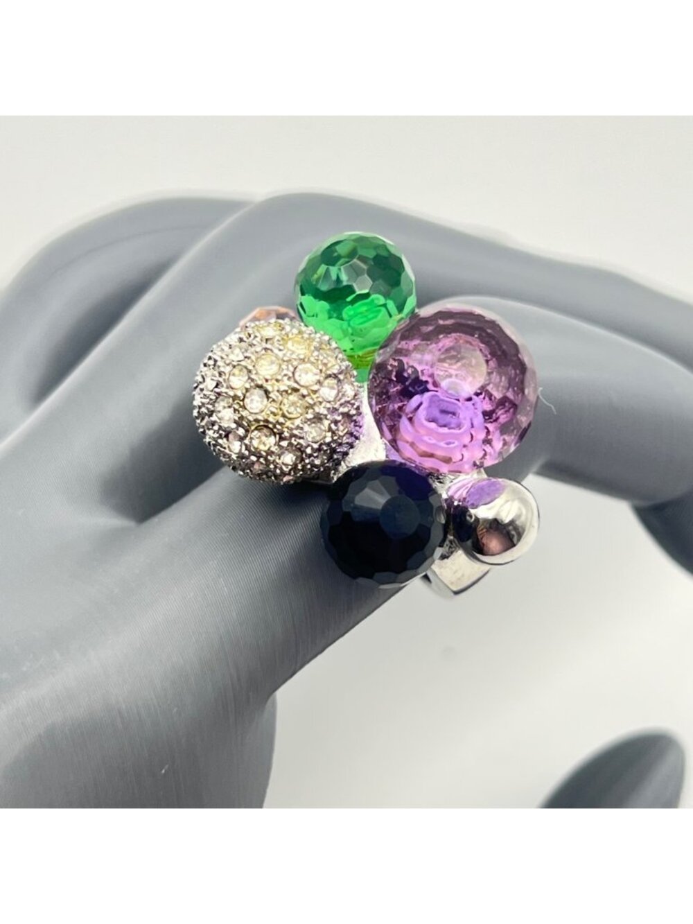 Statement Cocktail Ring Multicolor Faceted Beads Rhinestones Silver-Tone Size 7